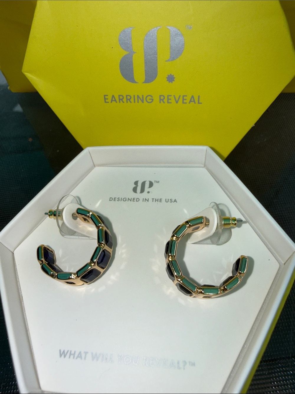 Earring Reveal Gold Hoop Earrings with Green and Black Enamel